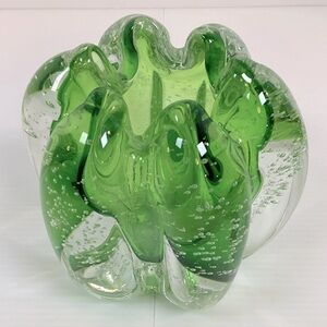 Tozai Hand Blown Murano Green Glass Orb Vase Vintage Bulky Asymmetrical Bubbles